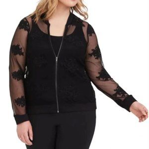 Torrid Black Floral Mesh Sheer Embroidered Lace Bomber Jacket